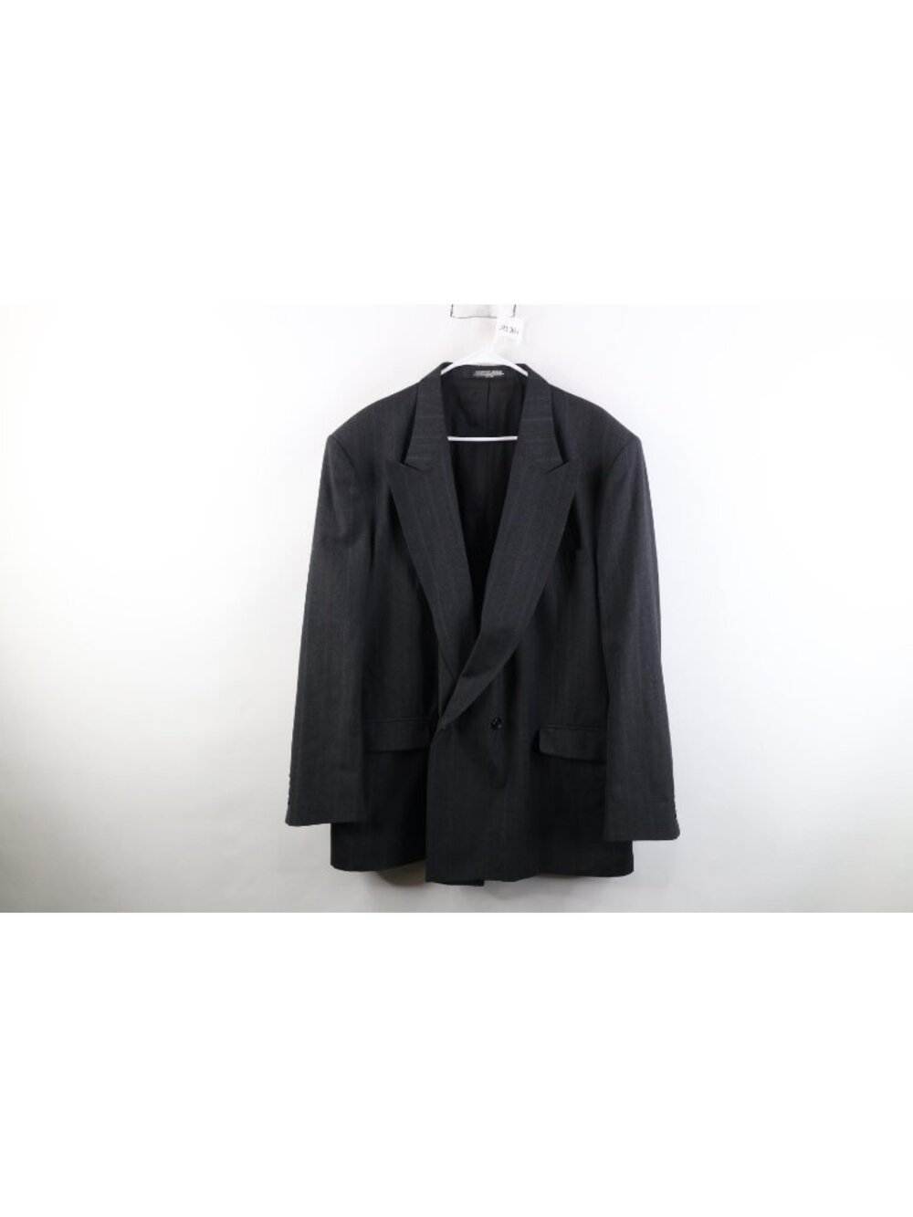 Vintage 90s Mens 46L Wool Blend Striped Double Breasted Suit Blazer Jacket Gray